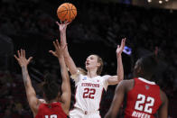 Stanford forward Cameron Brink (22) shoots during the first half of a Sweet 16 college basketball game in the women's NCAA Tournament against North Carolina State, Friday, March 29, 2024, in Portland, Ore. (AP Photo/Howard Lao)