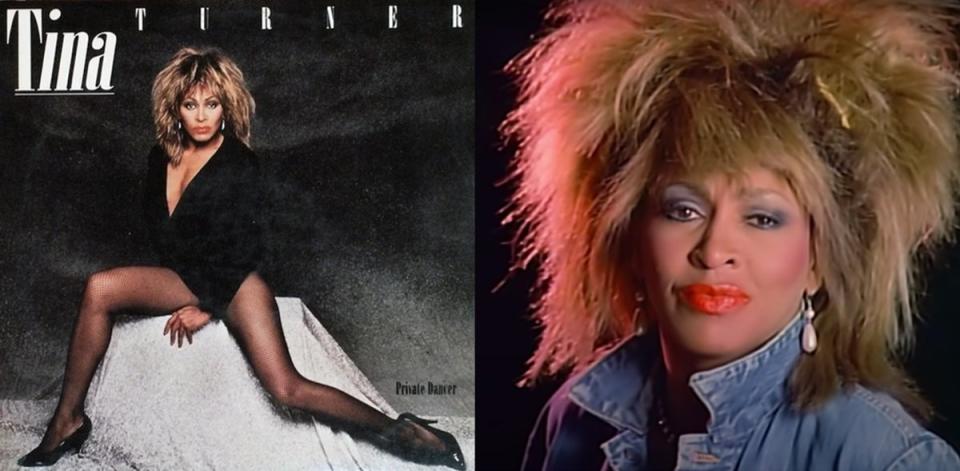 The cover for Tina Turner's album "Private Dancer," and her performance in the "What's Love Got to Do With It" music video.