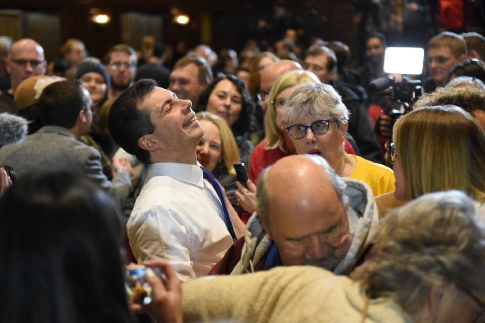 Former South Bend, Indiana, mayor Pete Buttigieg addresses those gathered on Monday, Jan. 13, 2020, at Iowa State University's Memorial Union in Ames. The presidential hopeful was introduced to the crowd by actress Mandy Moore.