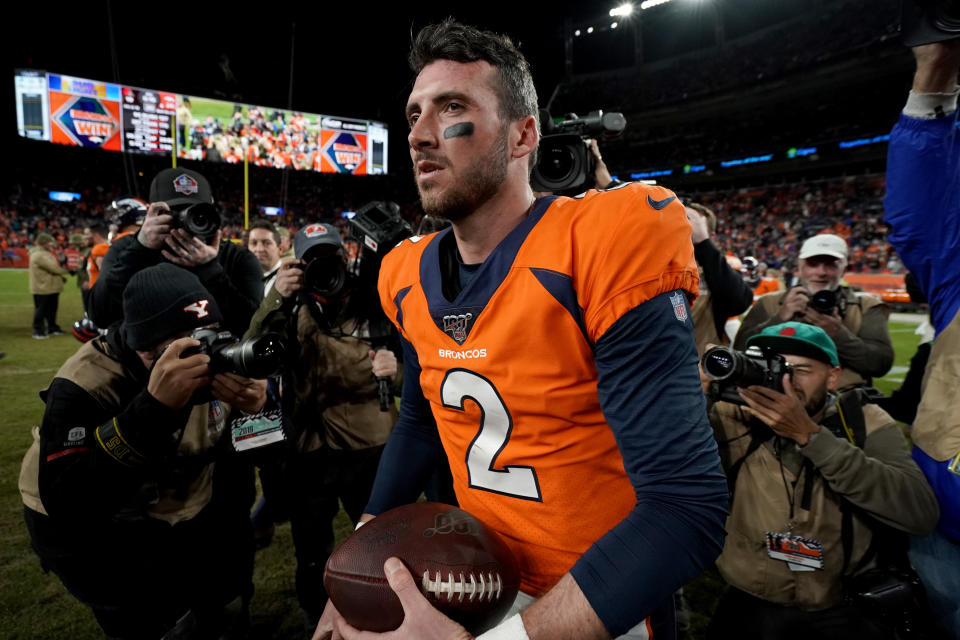 Denver Broncos quarterback Brandon Allen (2) leaves the field after an NFL football game against the Cleveland Browns, Sunday, Nov. 3, 2019, in Denver. The Broncos won 24-19. (AP Photo/Jack Dempsey)