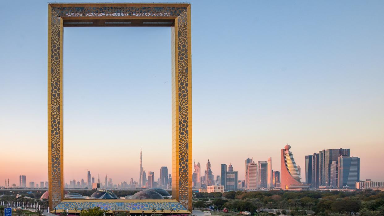 Dubai, United Arab Emirates, January 13th, 2018: Dubai Frame building at sunrise.