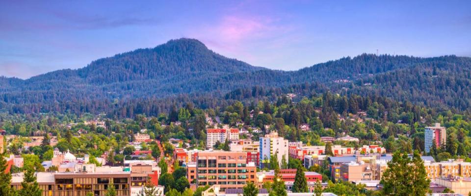 Eugene, OR downtown cityscape at dusk