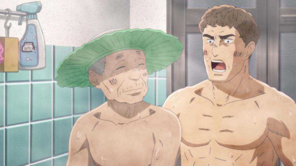Just a couple of blokes enjoying a nice animated bathhouse in Thermae Romae Novae. Picture: Netflix