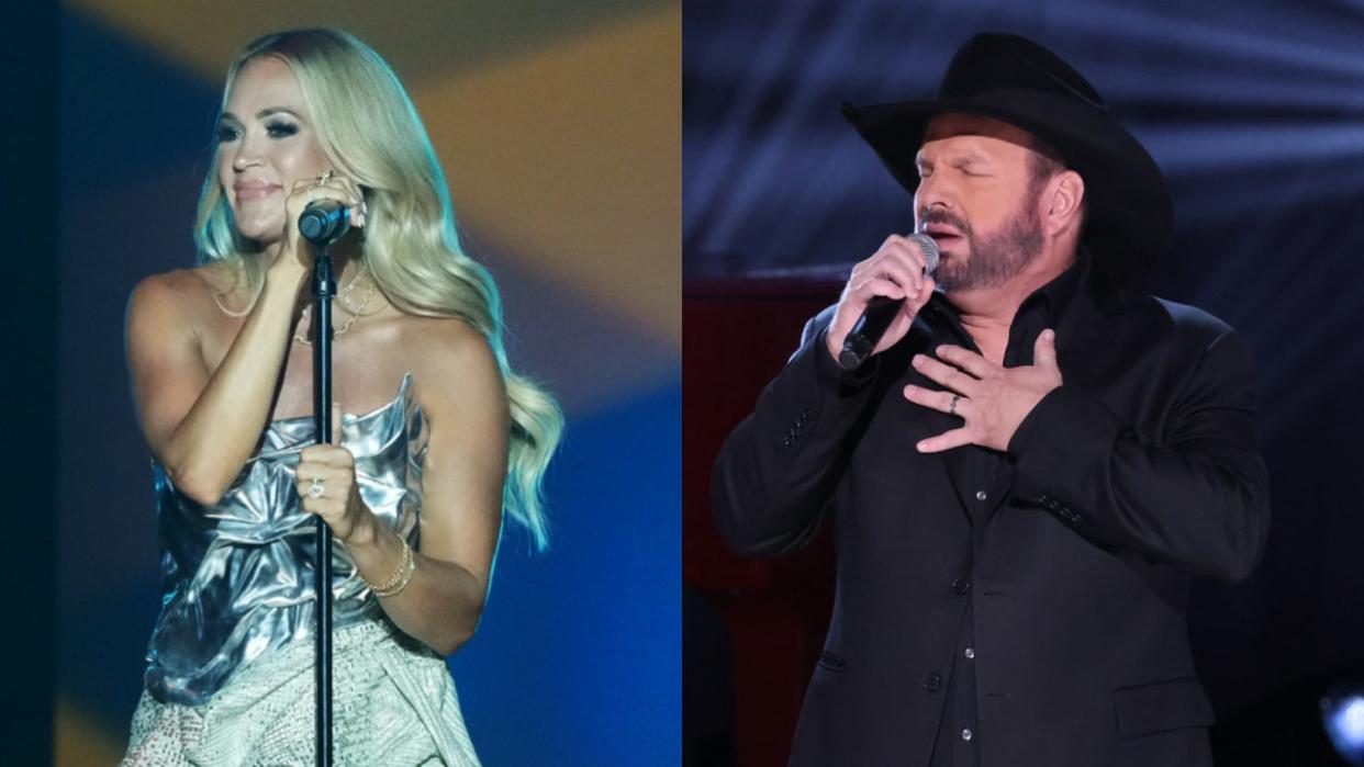 <div>Carrie Underwood (left) and Garth Brooks (right) [Photo: Bennett Raglin/Getty Images for Songwriters Hall Of Fame, Taylor Hill/WireImage]</div>