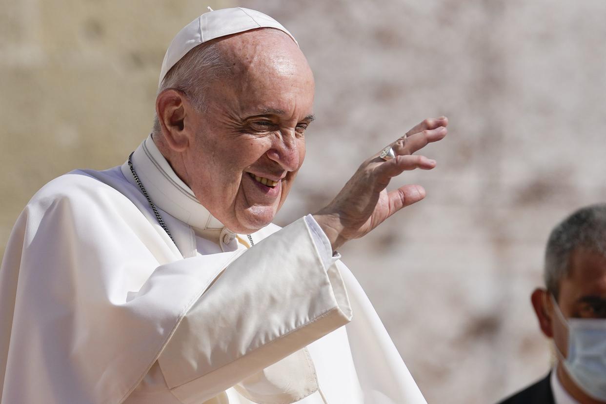 Pope Francis arrives at the Cathedral of Saint Martin, in Bratislava, Slovakia, on Sept. 13, 2021. 