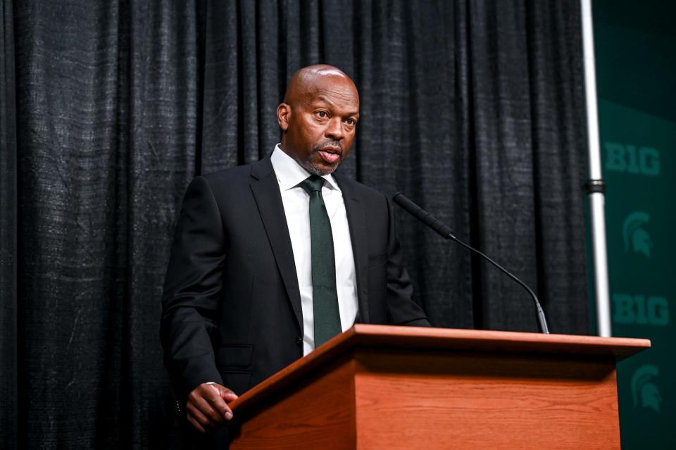 Michigan State University Athletic Director Alan Haller speaks during a press conference regarding the football program in the wake of sexual assault allegations against head coach Mel Tucker on Sunday, Sept. 10, 2023, at Spartan Stadium in East Lansing.