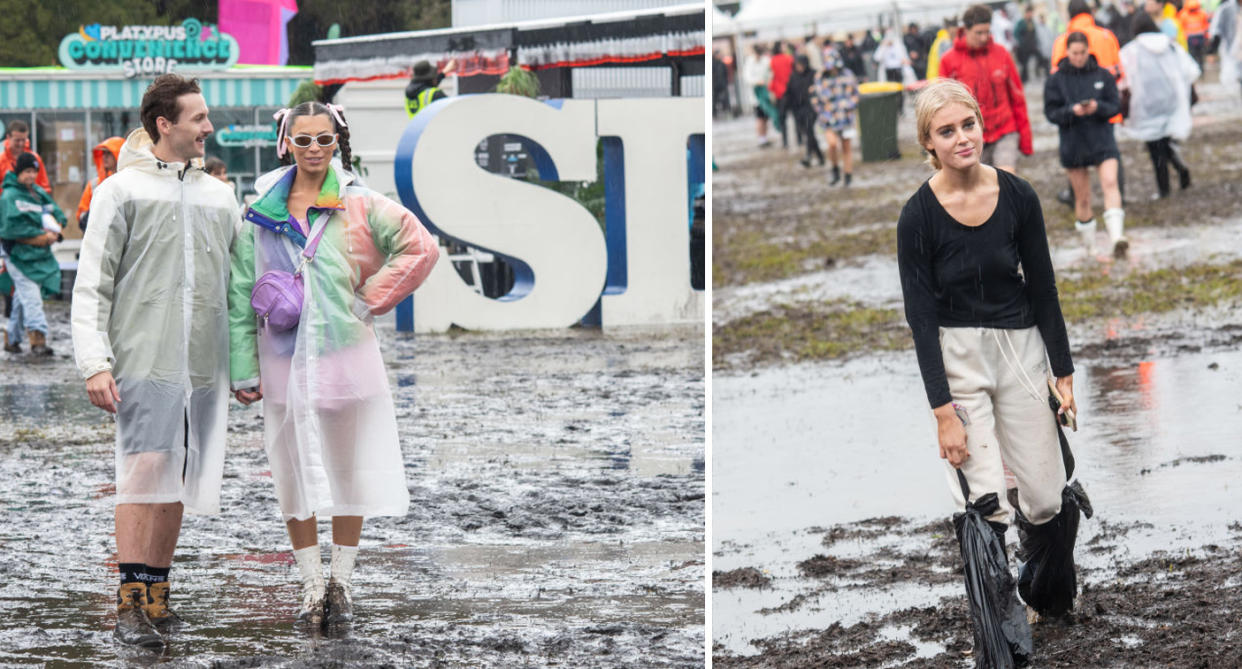 Attendees walking in the mud. Source: Getty