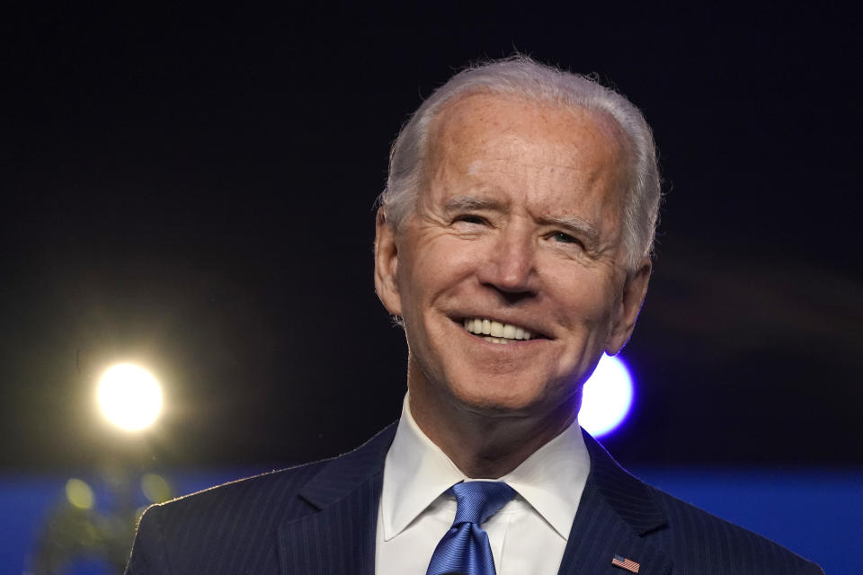 WILMINGTON, DELAWARE - NOVEMBER 06: Democratic presidential nominee Joe Biden addresses the nation at the Chase Center November 06, 2020 in Wilmington, Delaware.  The winner of the 2020 presidential election has yet to be declared, as vote counting continues in the key states of Pennsylvania, Georgia, Nevada, Arizona, and North Carolina. (Photo by Drew Angerer/Getty Images)