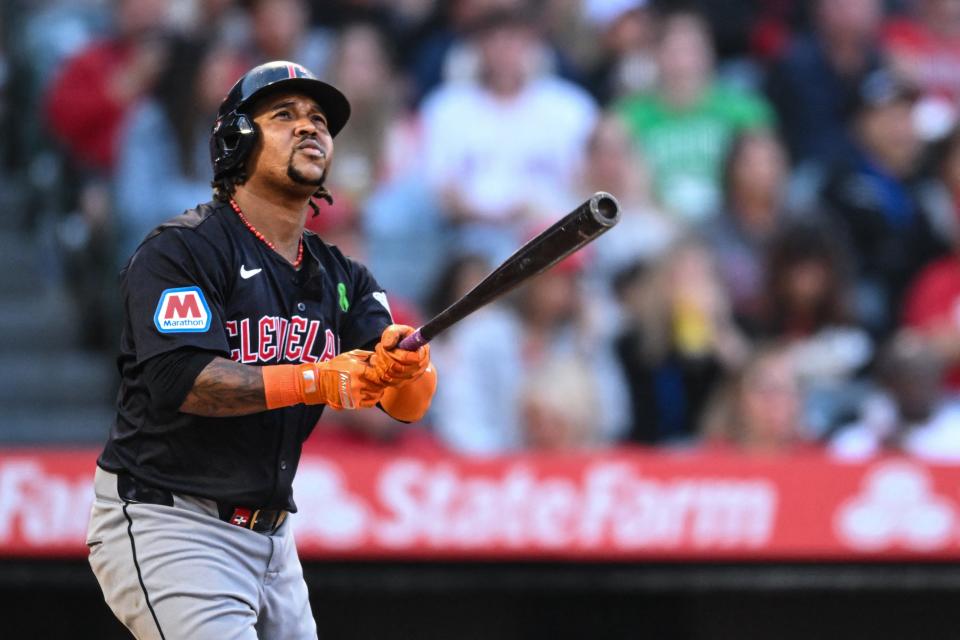 May 25, 2024; Anaheim, California, USA; Cleveland Guardians third baseman Jose Ramirez (11) hits a two-run home run against the Los Angeles Angels during the third inning, May 25, 2024, in Anaheim.