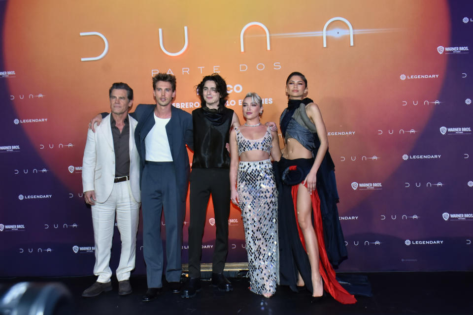 February 05, 2024, Mexico City, Mexico: (L-R) Josh Brolin, Austin Butler, Timothée Chalame, Florence Pugh and Zendaya attend the photocall for Dune: Part Two at Mexico City Four Seasons Hotel. (Photo by Carlos Tischler/ Eyepix Group) (Photo credit should read Carlos Tischler/ Eyepix Group/Future Publishing via Getty Images)