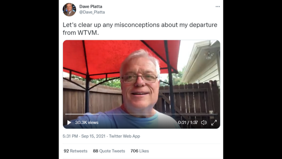Former WTVM sports anchor Dave Platta says in a 3021 social media post he was fired by the station’s parent company, Gray Television, for refusing to get the COVID-19 vaccine.