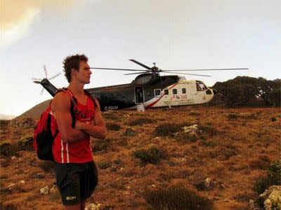 Gippsland Power player Jack Leslie waits to be evacuated from Mt Feathertop. Photo: Twitter @Gippsland_Power