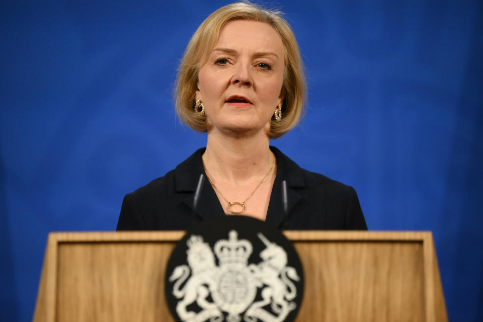 UK prime minister Liz Truss holds a press conference in the Downing Street Briefing Room on 14 October. Photo:Daniel Leal-WPA Pool/Getty 