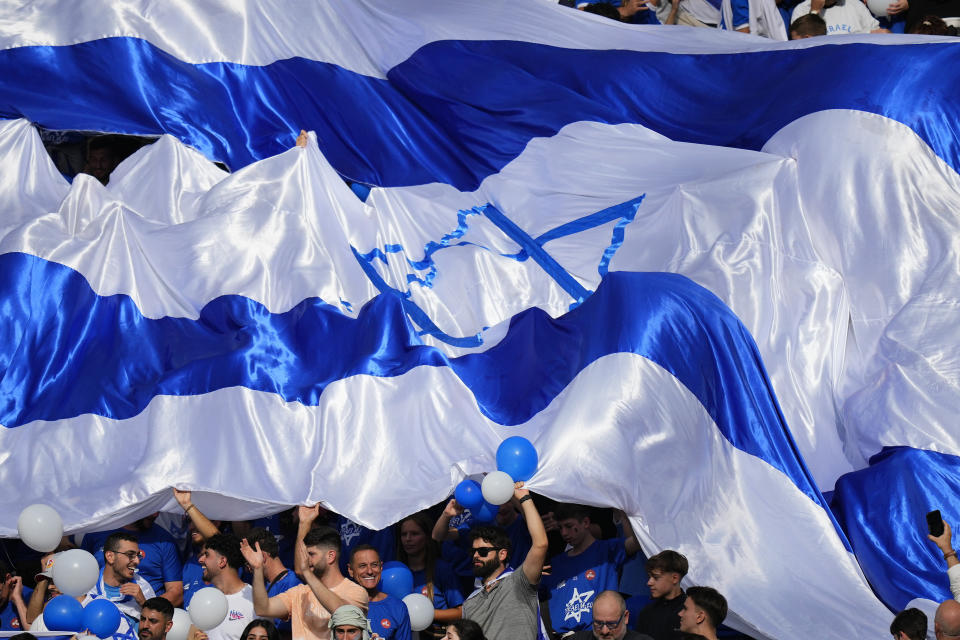 Fans of Israel cheer prior a FIFA U-20 World Cup semifinal soccer match against Uruguay at the Diego Maradona stadium in La Plata, Argentina, Thursday, June 8, 2023. (AP Photo/Natacha Pisarenko)