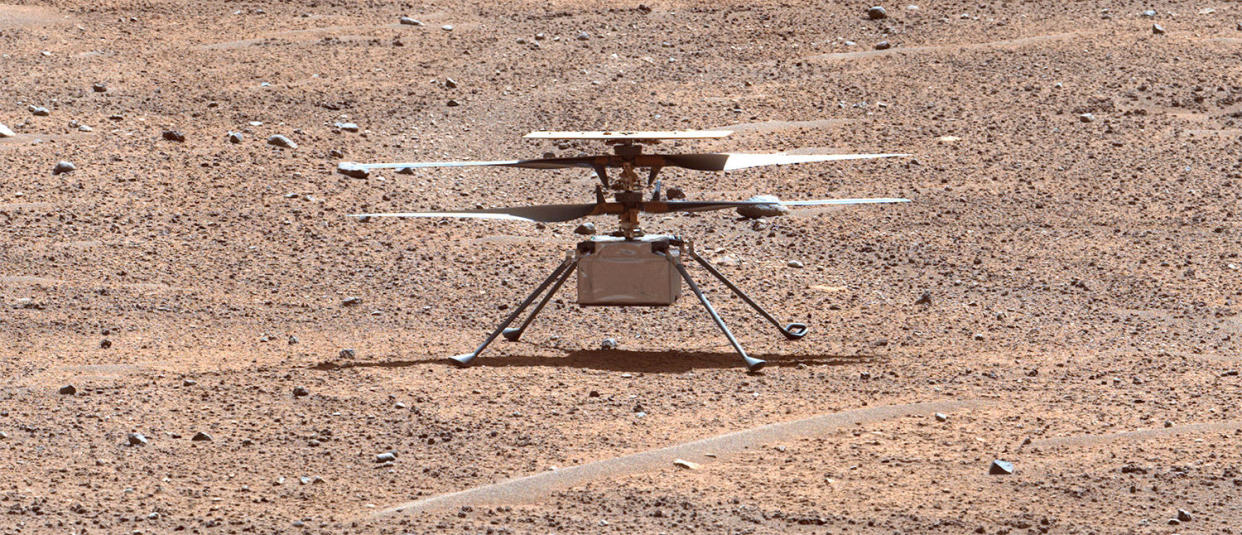 A file photo captured by NASA Perseverance rover shows the Ingenuity helicopter on the surface of the Red Planet. / Credit: NASA