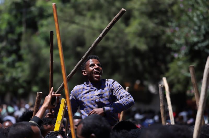 Oromo youth chant slogans during a protest in-front of Jawar MohammedÕs house, an Oromo activist and leader of the Oromo protest in Addis Ababa