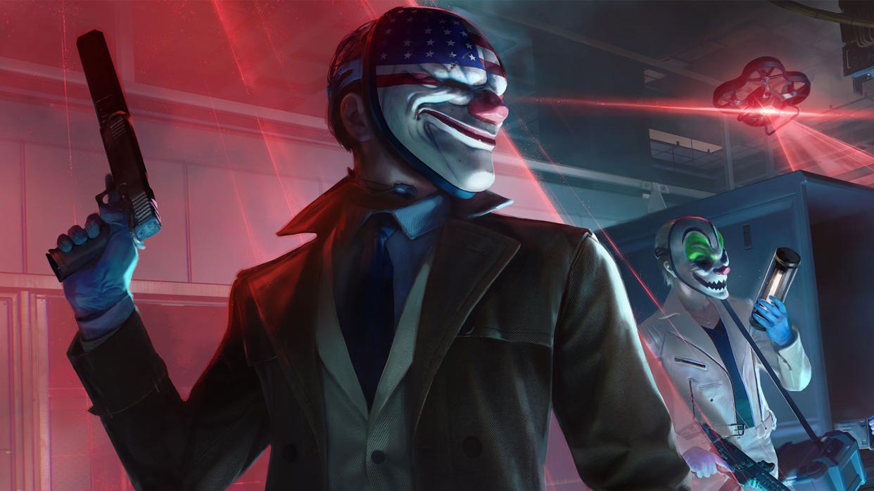  Payday 3 art - heister in a clown mask holding a gun. 