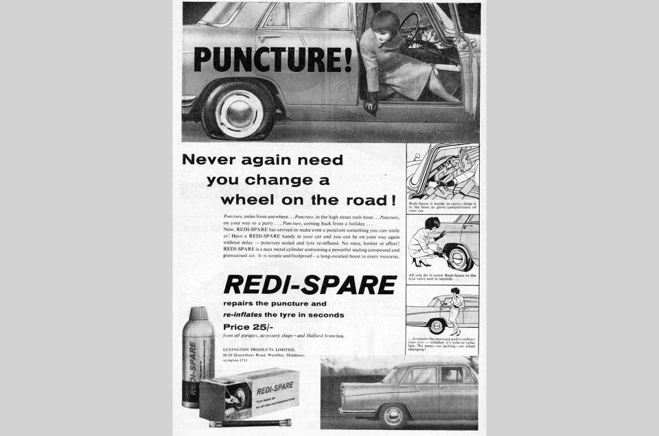 <p>There really is nothing new under the sun. Now fitted as standard to most new cars, the idea of a puncture repair kit and a canister of gas goes right the way back to the early 1960s. Of course this BMC Farina would have had a spare wheel anyway, we hope.</p>