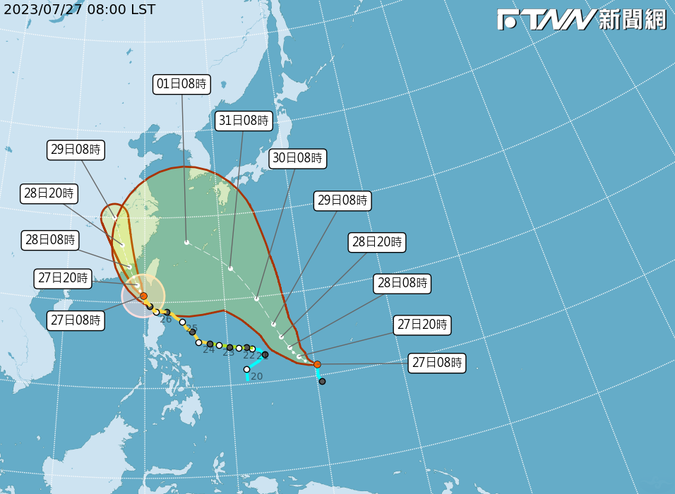 熱帶低壓TD07持續發展，31日至8月1日間將通過琉球群島，8月1日將是最接近台灣的時刻。（圖／中央氣象局）