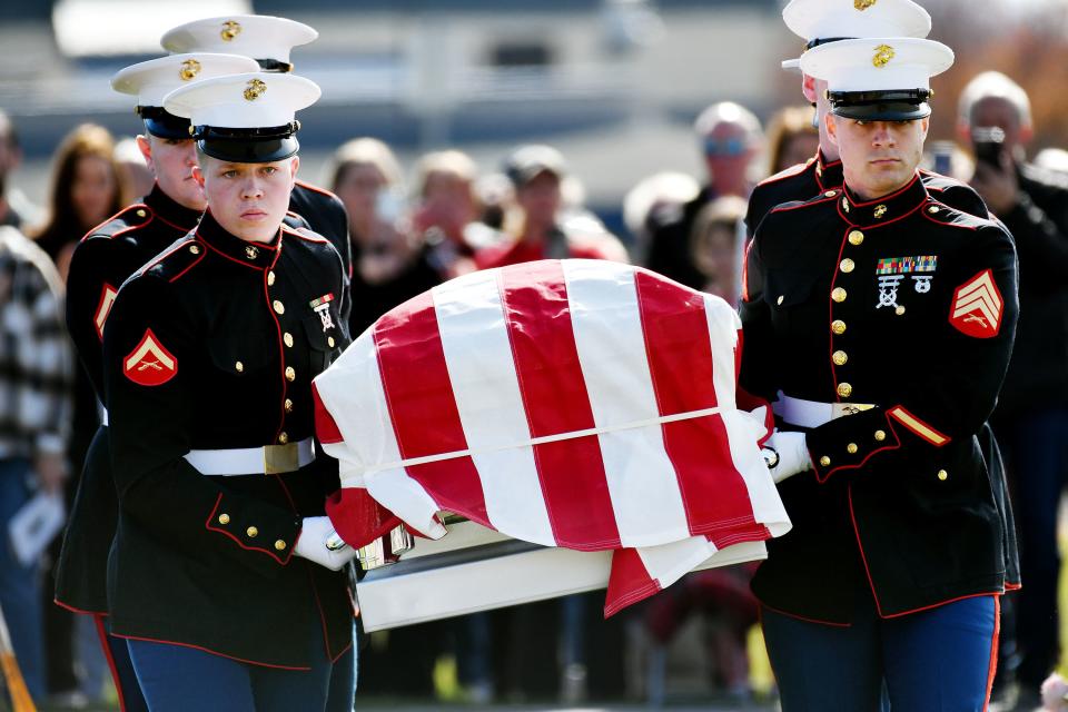 Members of the United States Marines carry the casket during a memorial service at American Fork city cemetery for U.S. Marine Corps Capt. Ralph Jim Chipman, who was lost during battle in Vietnam 50 years ago, on Saturday, Nov. 11, 2023. His remains were identified and returned to his family to be laid to rest. | Scott G Winterton, Deseret News
