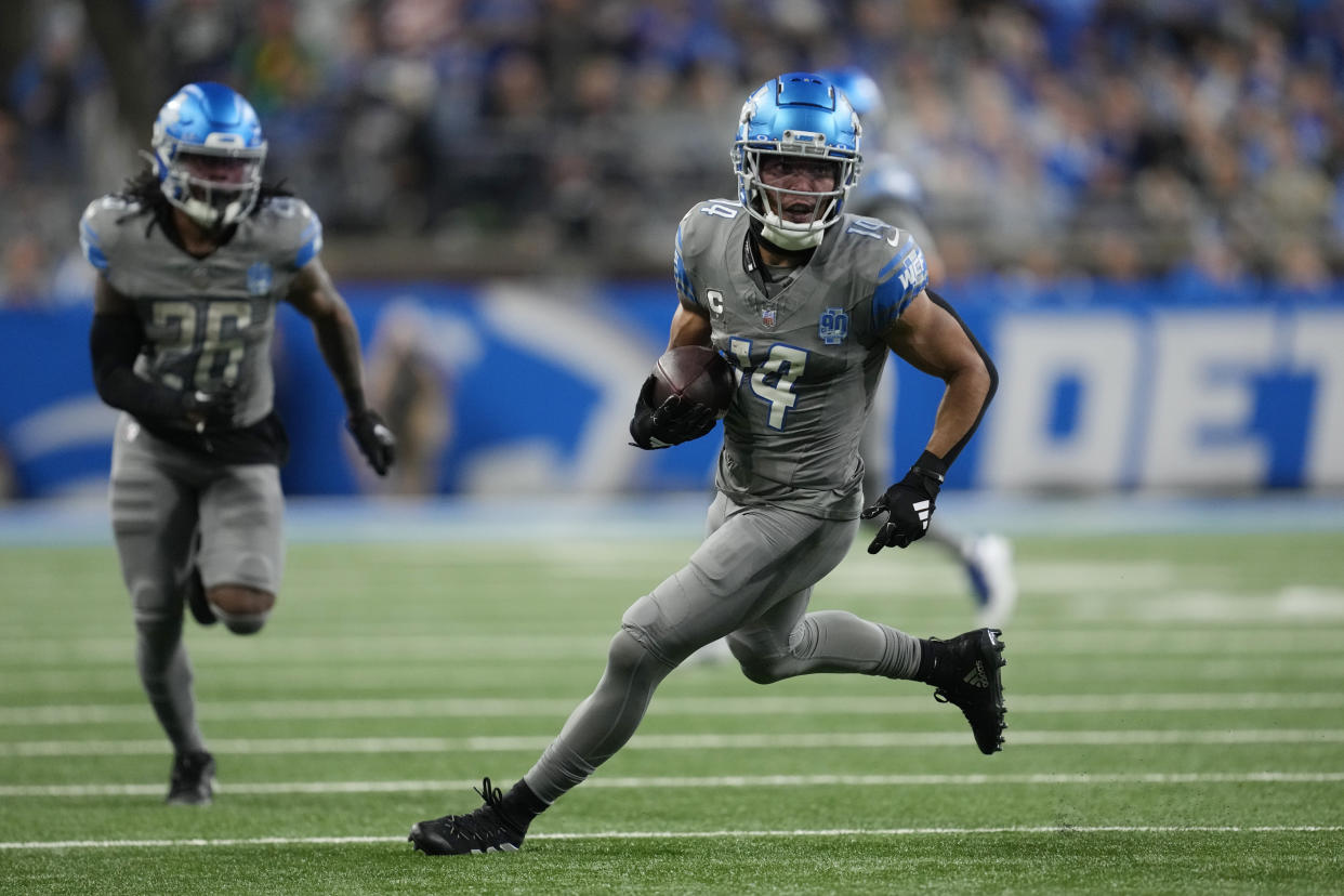 Detroit Lions wide receiver Amon-Ra St. Brown had more than 100 yards in a win over the Raiders. (AP Photo/Paul Sancya)