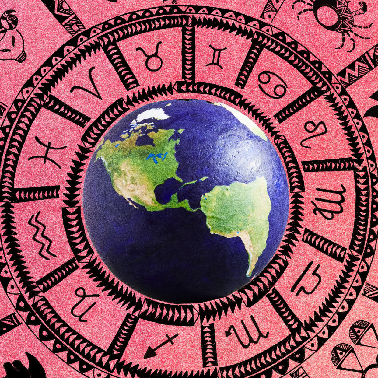  Image of globe inside pink astrology wheel with astrology signs and symbols 