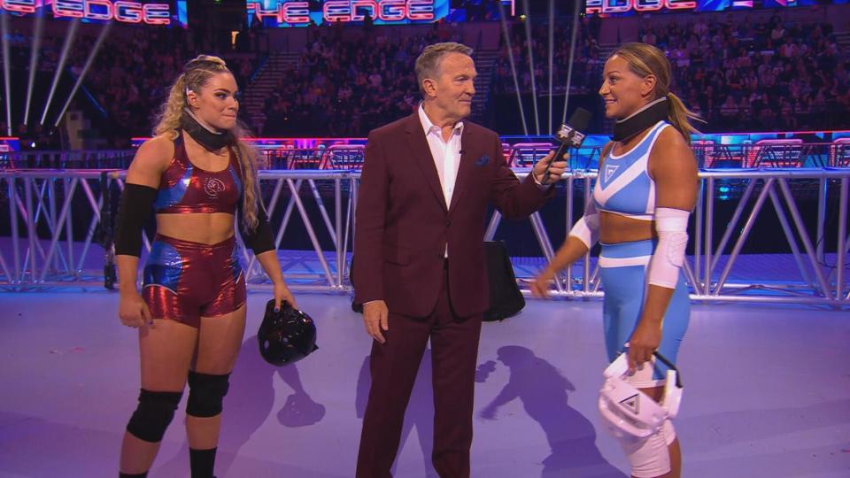 Marie-Louise Nicholson (R) is a quarter-finalist in the 2024 Gladiators. (BBC)