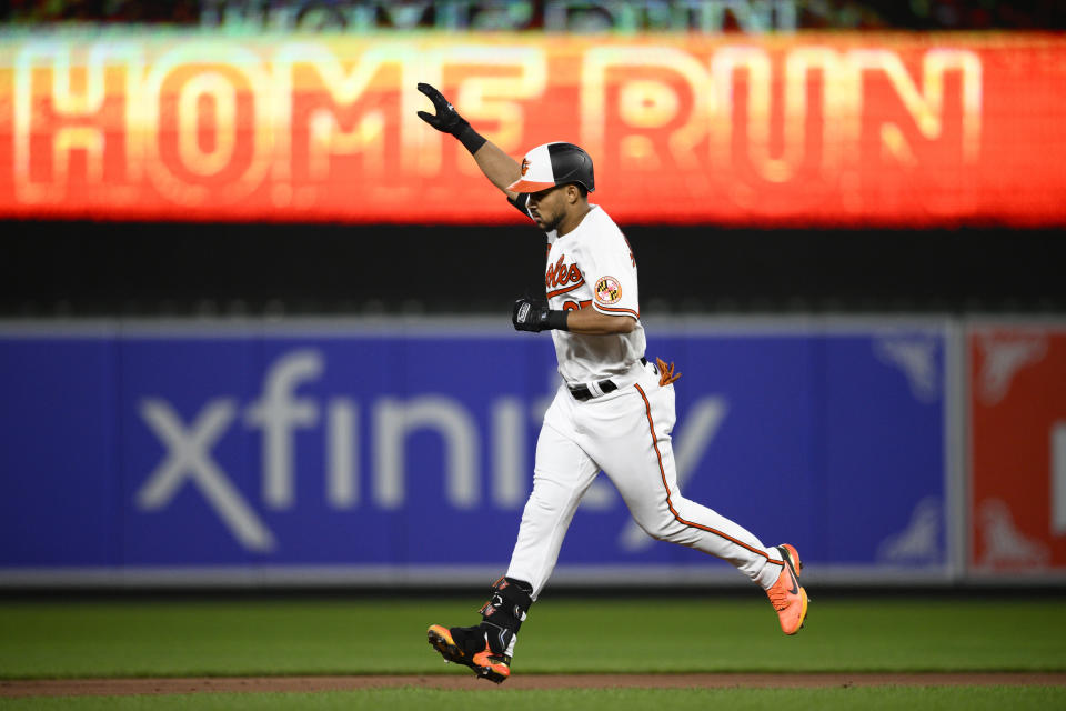 Baltimore Orioles' Anthony Santander celebrates his home run while he rounds the bases during the fourth inning of a baseball game against the New York Yankees, Monday, May 16, 2022, in Baltimore. (AP Photo/Nick Wass)