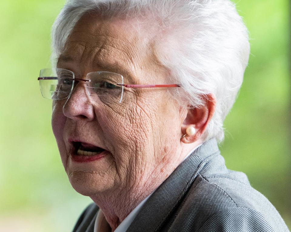 Alabama Governor Kay Ivey speaks at the Lower Wetumpka Road Shotgun Sports Club in Montgomery, Ala., on Monday April 11, 2022. 