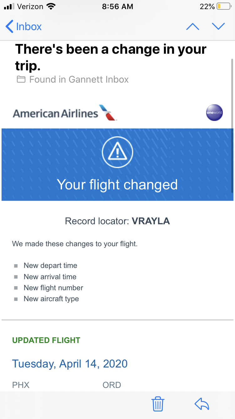 American Airlines and other carriers notify passengers when their flights are canceled or changed if an email was provided at booking. Travelers need to pay attention for these emails during the coronavirus pandemic if hope to get their money back instead of a travel credit or voucher.