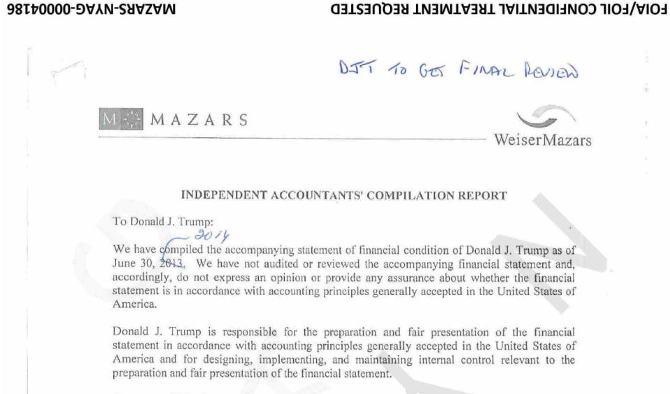 A document titled "Independent Accountants' Complication Report" with a handwritten note saying "DJT TO GET FINAL REVIEW."