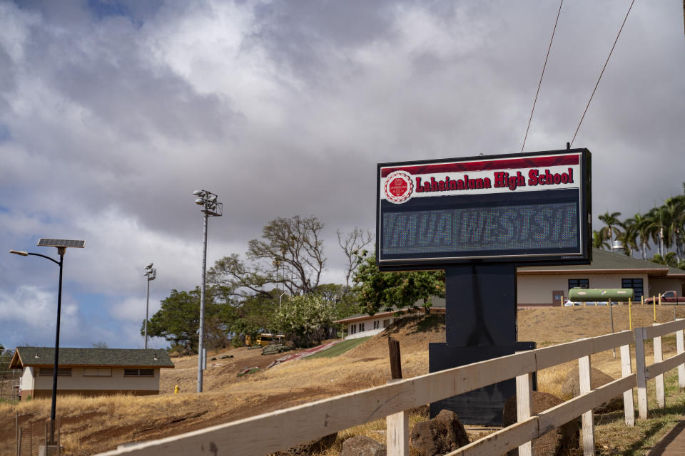 Lahainaluna High School on Tuesday, Oct. 3, 2023, in Lahaina, Hawaii. Lahainaluna High School and two other public schools in Lahaina that survived August's wildfire are set to reopen this week. (AP Photo/Mengshin Lin)