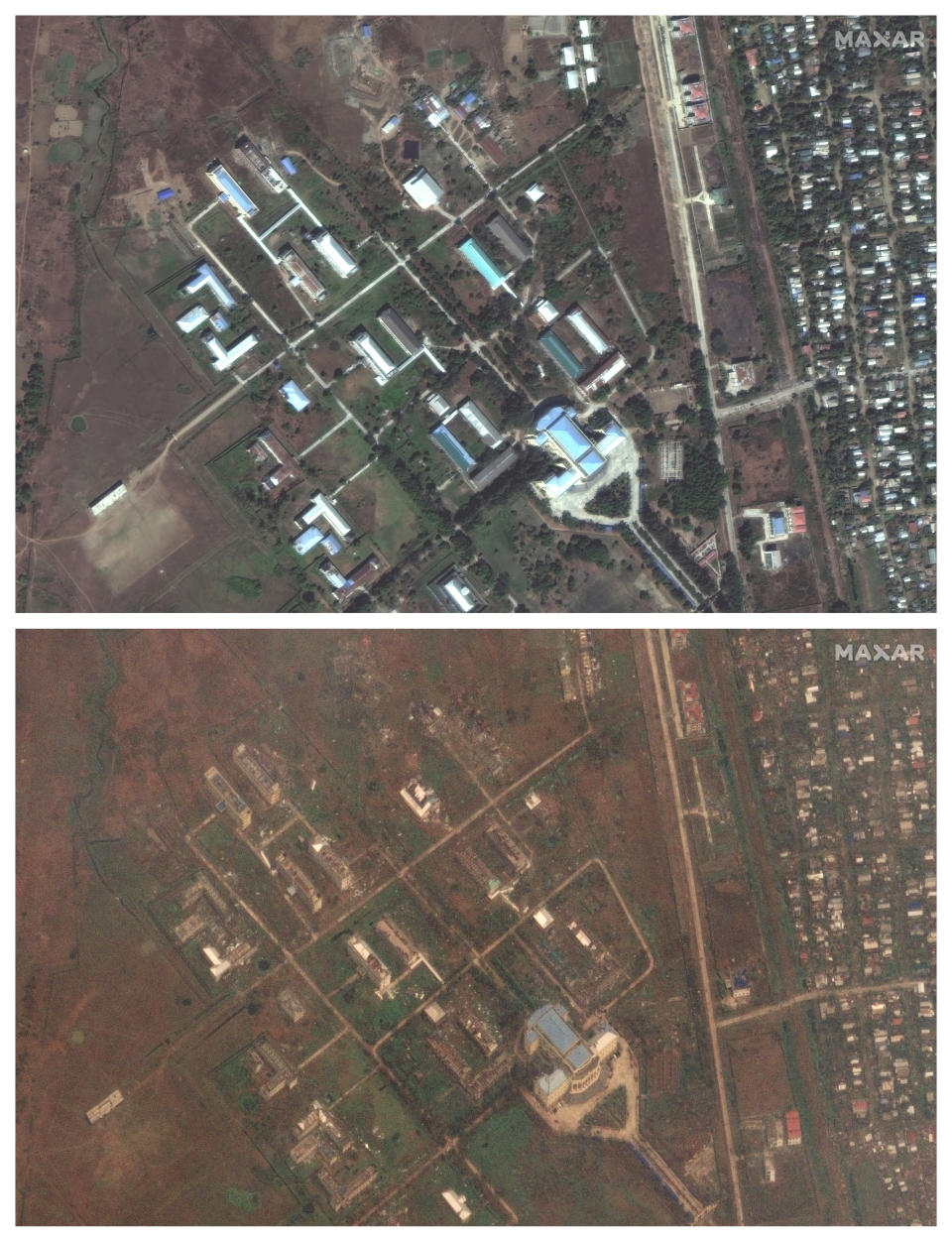 This combination of Feb. 17 and May 15, 2023 photos provided by Maxar Technologies shows Sittwe University in Myanmar, before and after Cyclone Mocha made landfall in Rakhine state on Sunday, May 14, 2023. (Maxar Technologies via AP)