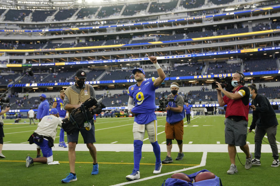 Los Angeles Rams quarterback Matthew Stafford celebrates after the Rams defeated the Detroit Lions 28-19 in an NFL football game Sunday, Oct. 24, 2021, in Inglewood, Calif. (AP Photo/Marcio Jose Sanchez)