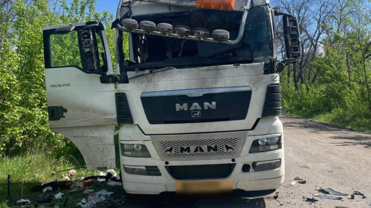 The lorry attacked by Russian forces. Photo: Kharkiv Oblast Military Administration