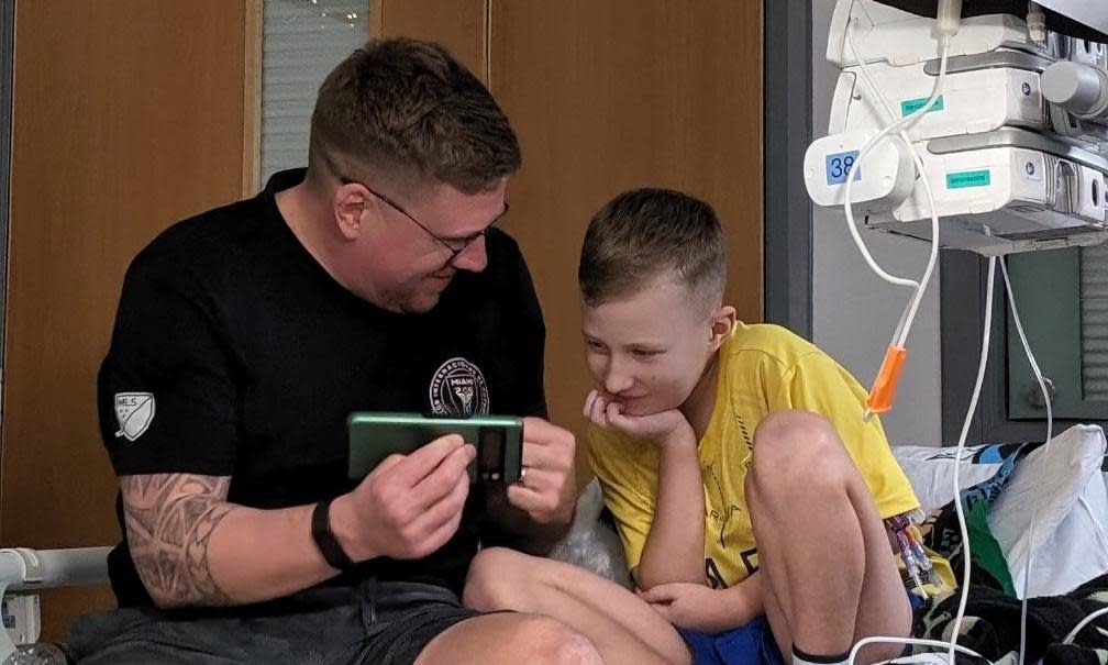 <span>Archie Routledge, pictured with his father, Mark, has a rare genetic condition that causes hereditary pancreatitis</span><span>Photograph: Supplied</span>