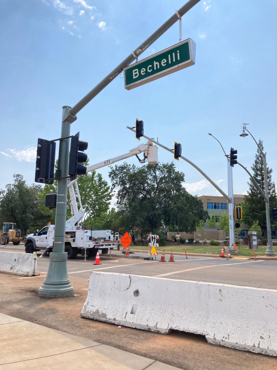 New traffic lights have been installed at the intersection of Bechelli Lane and the Blue Shield call center in Redding. Crews will take down the old signals on Tuesday, July 26, 2022.