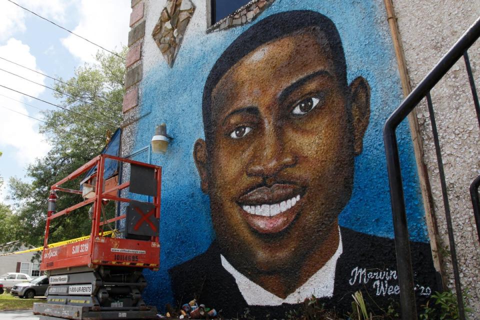 A recently painted mural of Ahmaud Arbery is displayed in Brunswick, Ga., on May 17, 2020 (Copyright 2020 The Associated Press. All rights reserved.)