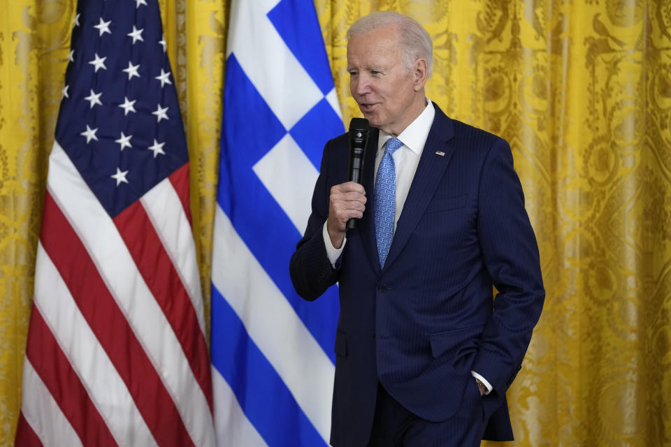 President Joe Biden speaks during a reception in the East Room of the White House in Washington, Wednesday, March 29, 2023, celebrating Greek Independence Day. (AP Photo/Susan Walsh)