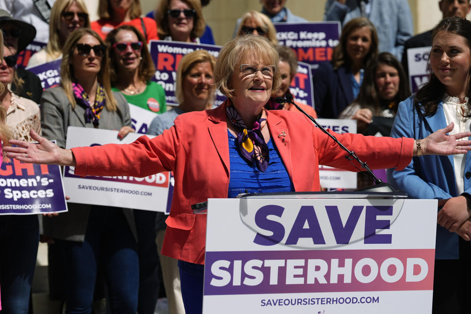 FILE - Cheryl Tuck-Smith, a long-time member of Kappa Kappa Gamma sorority, speaks in support of the six plaintiffs in a case against the sorority during a news conference outside the United States Court of Appeals for the Tenth Circuit, May 14, 2024, in Denver. A federal appeals court on Wednesday, June 12 dismissed a lawsuit challenging a transgender woman's acceptance into a sorority at the University of Wyoming. (AP Photo/David Zalubowski, file)