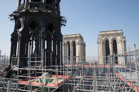 A view shows scaffolding around the spire of Notre-Dame cathedral during restoration work in Paris, France, April 11, 2019. REUTERS/Philippe Wojazer/Files