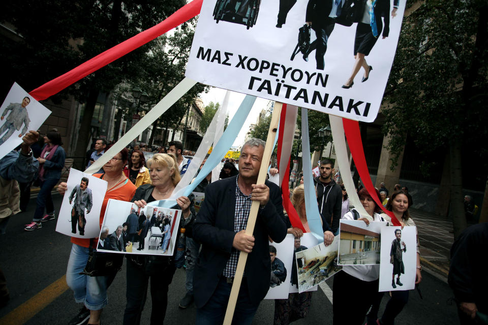 <p>Labour unions demonstrate during a 24-hour general strike in Athens, Greece, May 17, 2017. Thousands of people demonstrate against new austerity measures in a 24-hour general strike that shut down public sector. (Giorgos Georgiou/NurPhoto via Getty Images) </p>