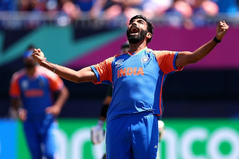 India's Jasprit Bumrah celebrates after dismissing Azam Khan of Pakistan during his team's T20 World Cup victory (ROBERT CIANFLONE)