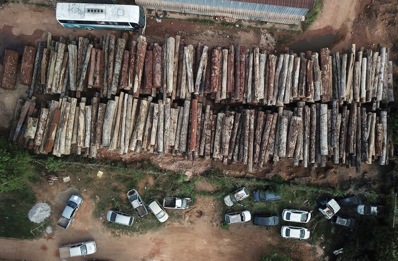 FILE PHOTO: An aerial view shows logs that were illegally cut from Amazon rainforest in Anapu