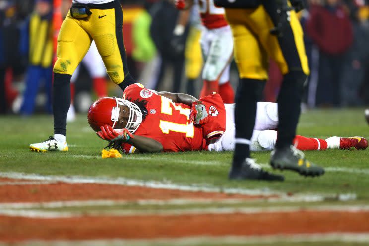 The Chiefs' Chris Conley took an illegal shot from Pittsburgh's Sean Davis on Sunday. (Getty Images) 