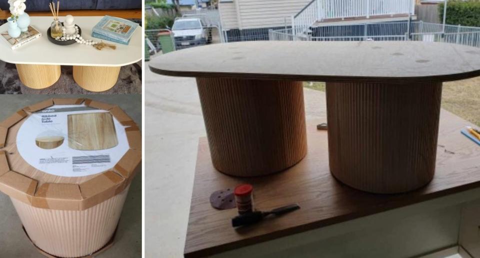 The woman shared the process of using two Kmart side tables and a piece of plywood to make the stunning DIY coffee table. Photo: Facebook/Kmart Hacks & Decor 