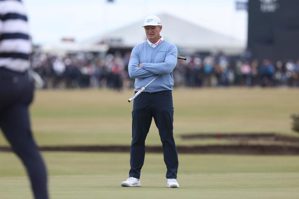 South Africa's Ernie Els waits to play on the 18th hole during the first round of the British Open golf championship on the Old Course at St. Andrews, Scotland, Thursday, July 14, 2022. The Open Championship returns to the home of golf on July 14-17, 2022, to celebrate the 150th edition of the sport's oldest championship, which dates to 1860 and was first played at St. Andrews in 1873. (AP Photo/Peter Morrison)