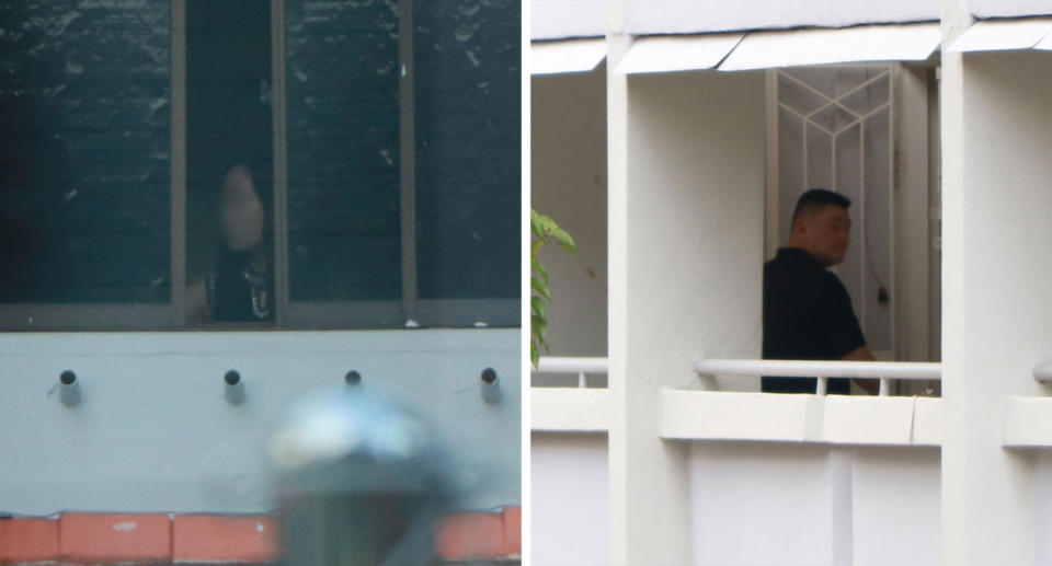 A woman (left) spotted at the window of a suspected HDB brothel in Hougang and a suspected male customer (right) seen entering the unit. (PHOTOS: Dhany Osman / Yahoo News Singapore)