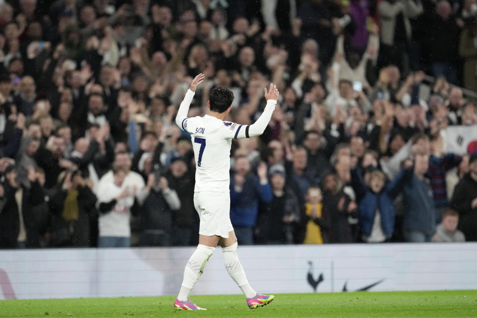 Tottenham's Son Heung-min celebrates after scoring his side's opening goal during the English Premier League soccer match between Tottenham Hotspur and Fulham at the Tottenham Hotspur Stadium in London, Monday, Oct. 23, 2023. (AP Photo/Kin Cheung)