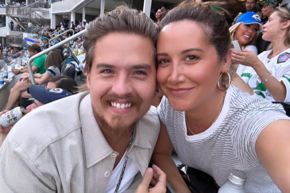 <p>Ashley Tisdale/Instagram</p> Dylan Sprouse and Ashley Tisdale reunite at the Los Angeles Rams game on Oct. 8, 2023.